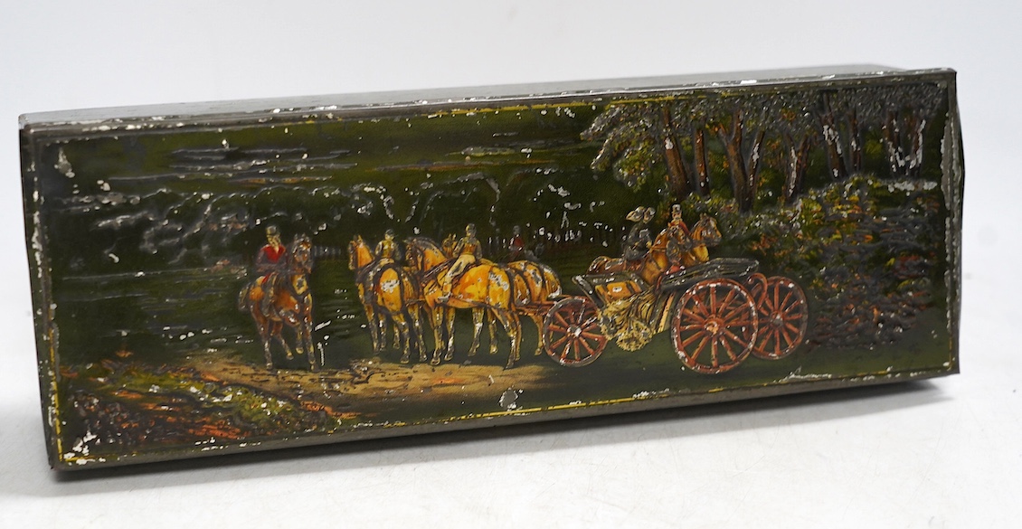 A Huntley & Palmer biscuit tin decorated with horsedrawn carriages, c.1890-1900, 28cm. Condition - fair